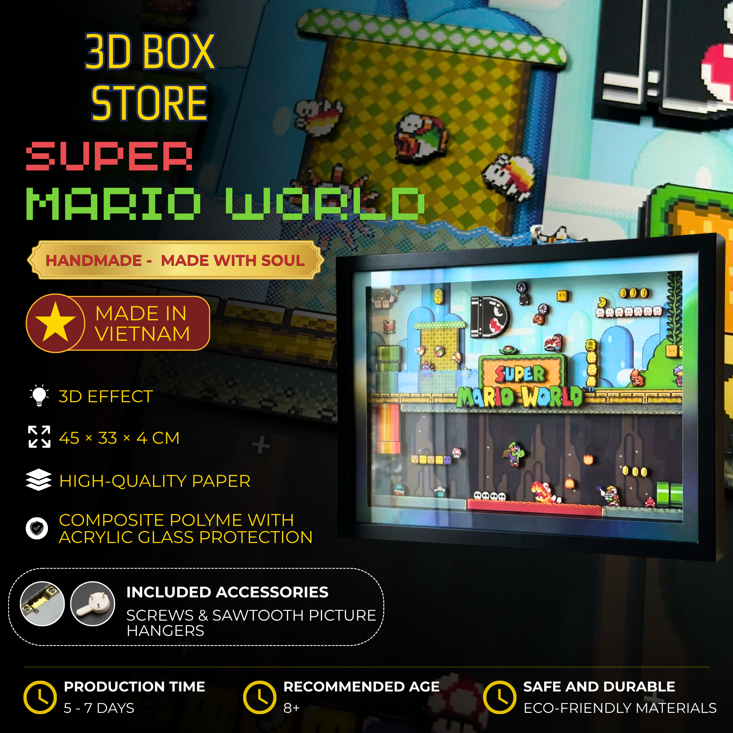3D Shadow Box Game Super Mario World 45x33 Cm | Retro Shadow Box Art About Game | Shadow Box Game Decor | Gaming Shadow Box Art