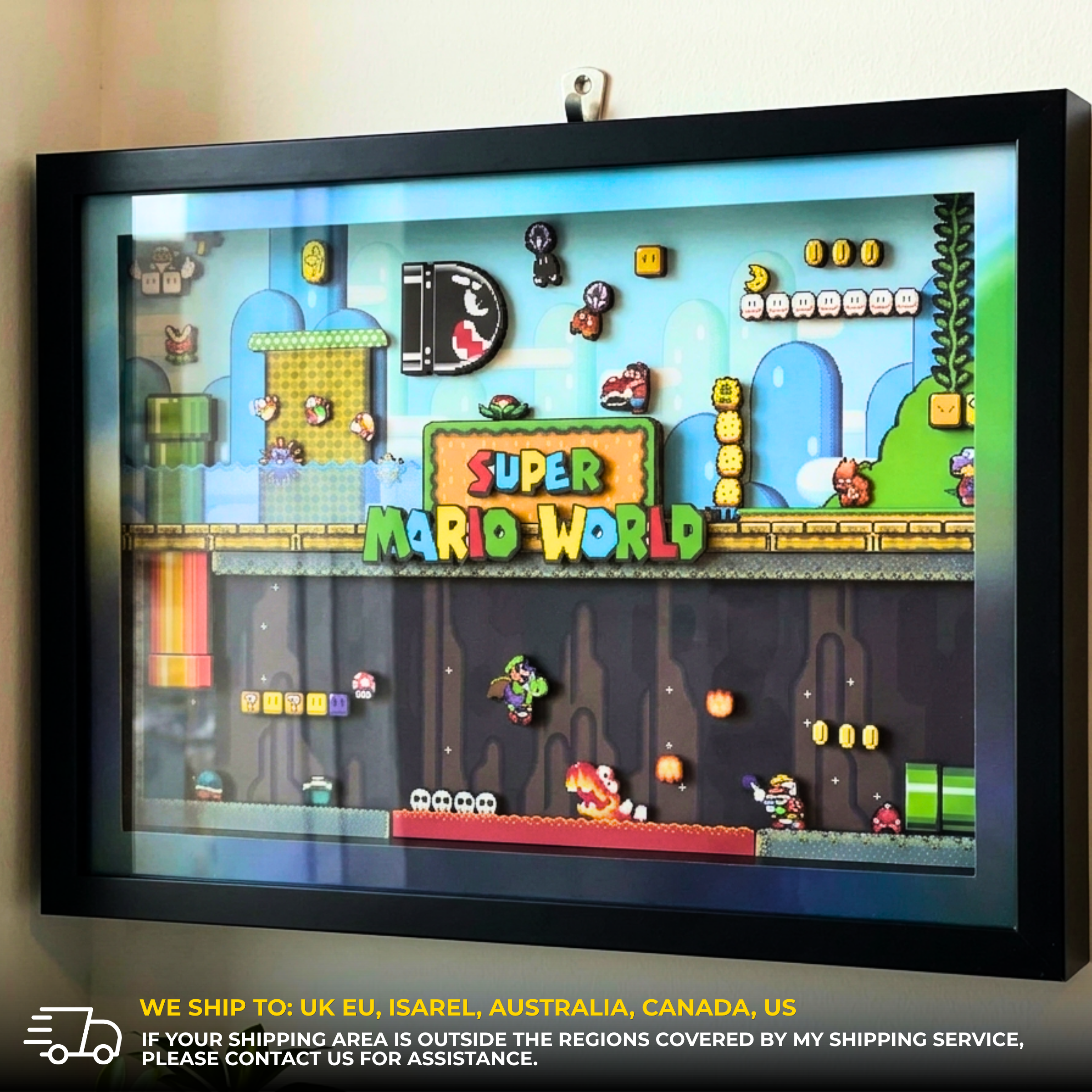 3D Shadow Box Game Super Mario World 45x33 Cm | Retro Shadow Box Art About Game | Shadow Box Game Decor | Gaming Shadow Box Art