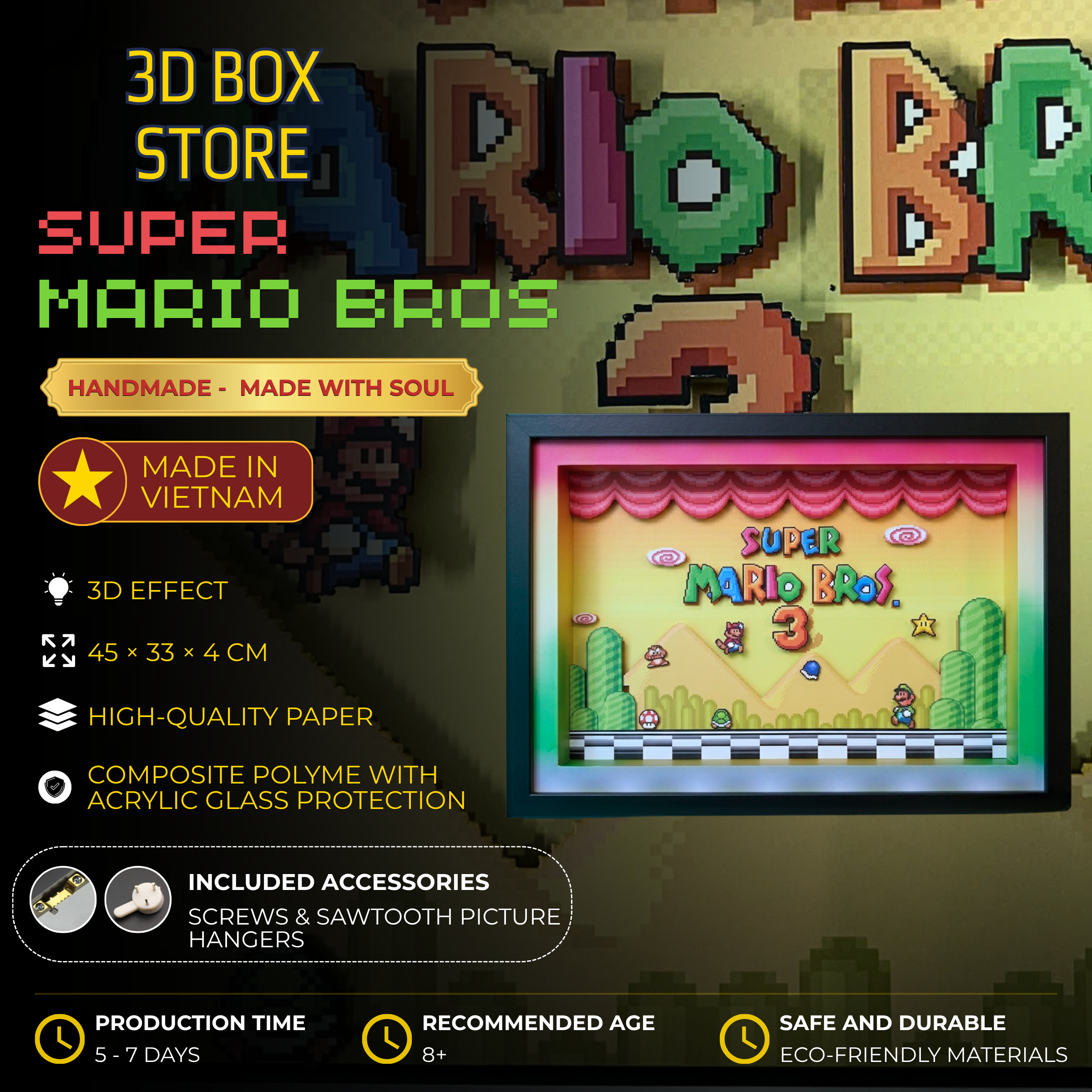 3D Shadow Box Game Super Mario Bros 45x33 Cm | Retro Shadow Box Art About Game | Shadow Box Game Decor | Gaming Shadow Box Art