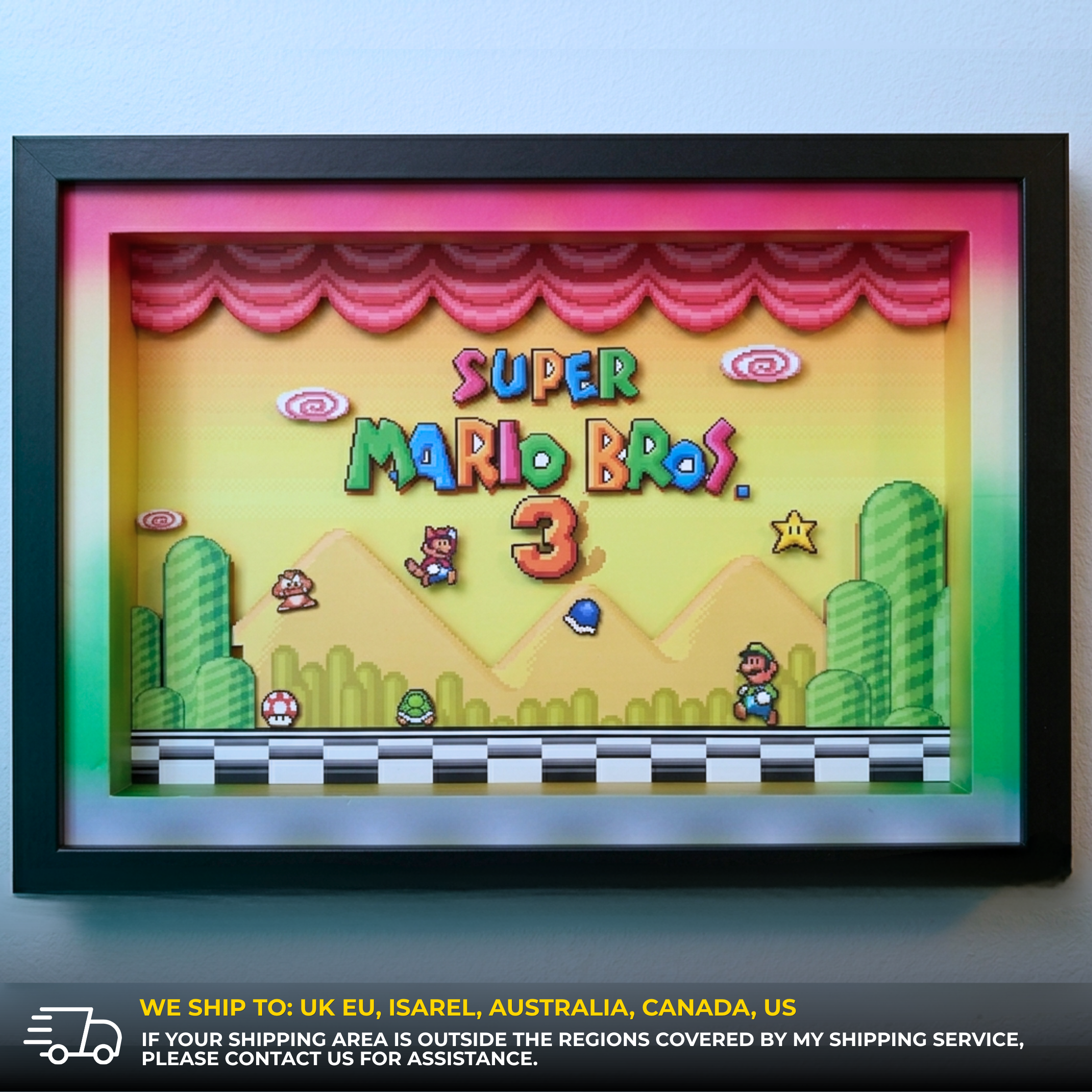 3D Shadow Box Game Super Mario Bros 45x33 Cm | Retro Shadow Box Art About Game | Shadow Box Game Decor | Gaming Shadow Box Art