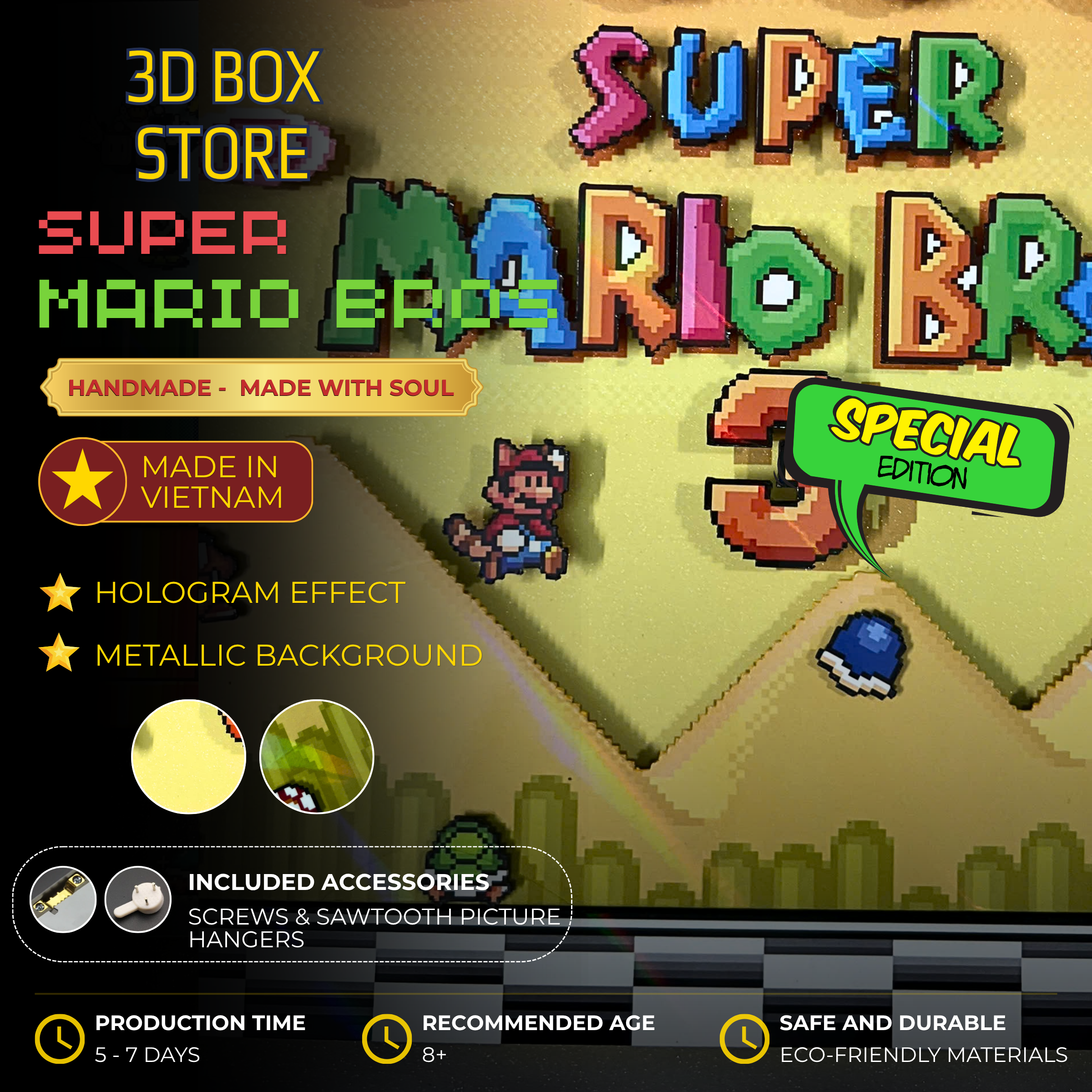3D Shadow Box Game Super Mario Bros 45x33 Cm | Retro Shadow Box Art About Game | Shadow Box Game Decor | Gaming Shadow Box Art