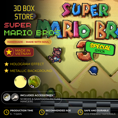3D Shadow Box Game Super Mario Bros 45x33 Cm | Retro Shadow Box Art About Game | Shadow Box Game Decor | Gaming Shadow Box Art