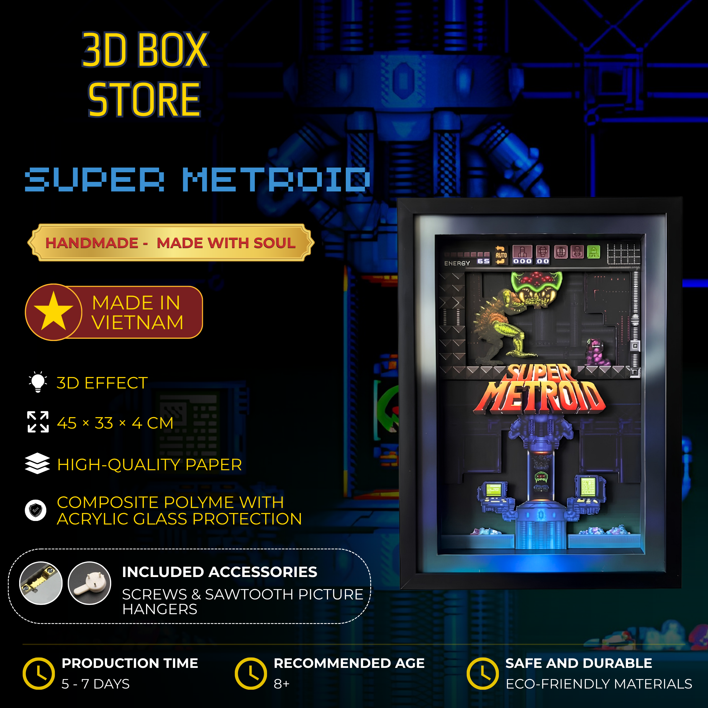 3D Shadow Box Game Super Metroid 45x33 Cm | Retro Shadow Box Art About Game | Shadow Box Game Decor | Gaming Shadow Box Art
