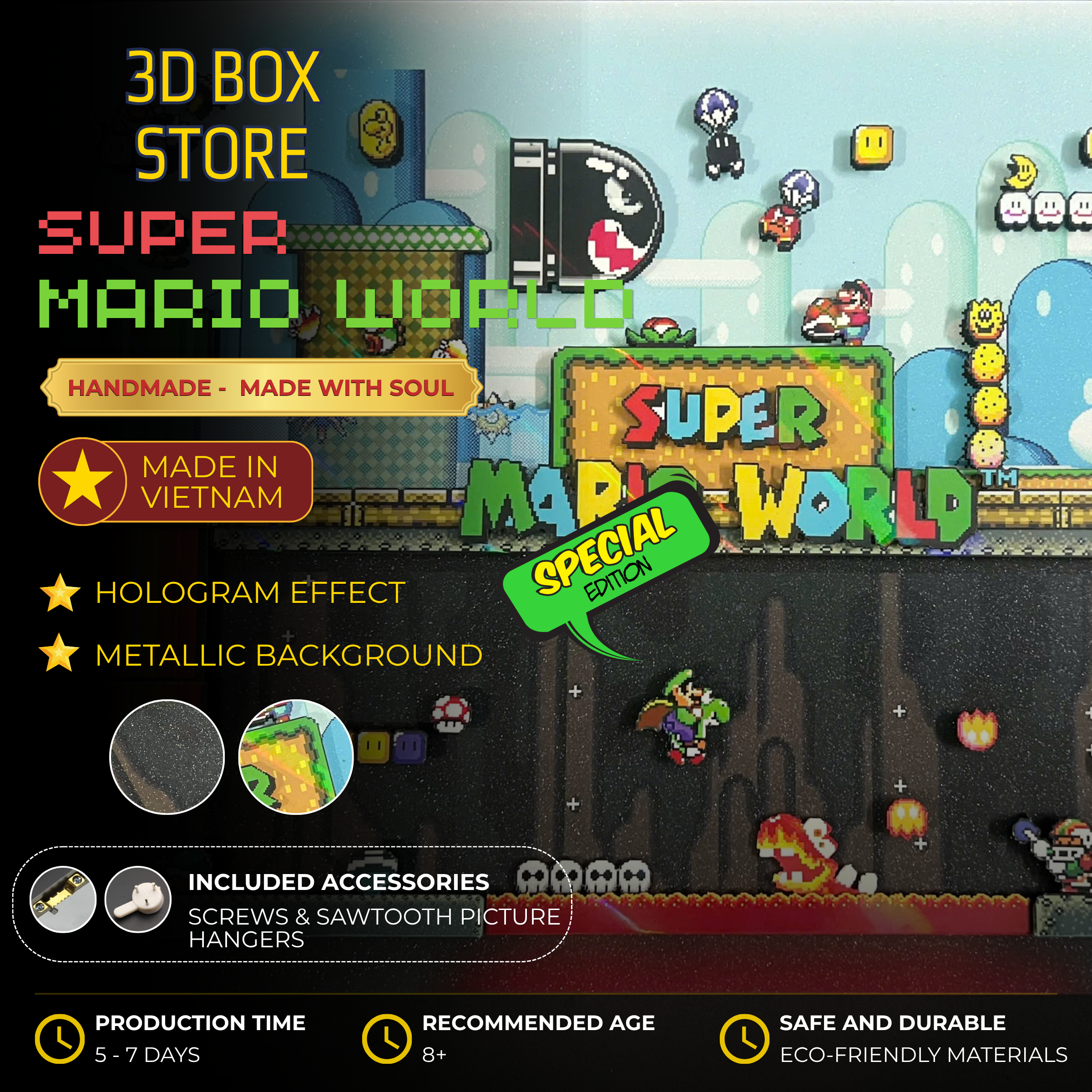 3D Shadow Box Game Super Mario World 45x33 Cm | Retro Shadow Box Art About Game | Shadow Box Game Decor | Gaming Shadow Box Art
