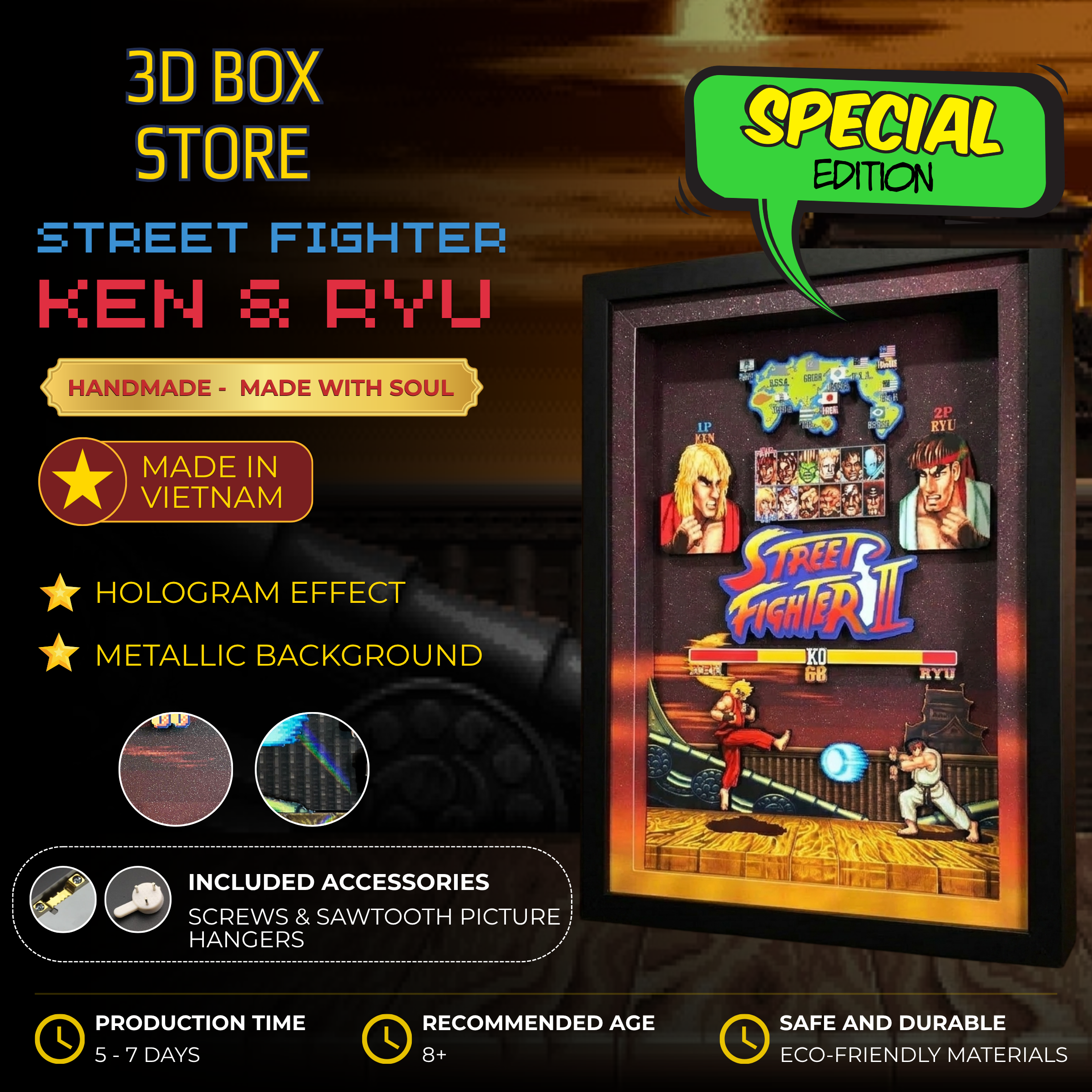 3D Shadow Box Game Street Fighter 2 45x33 Cm | Retro Shadow Box Art About Game | Shadow Box Game Decor | Gaming Shadow Box Art