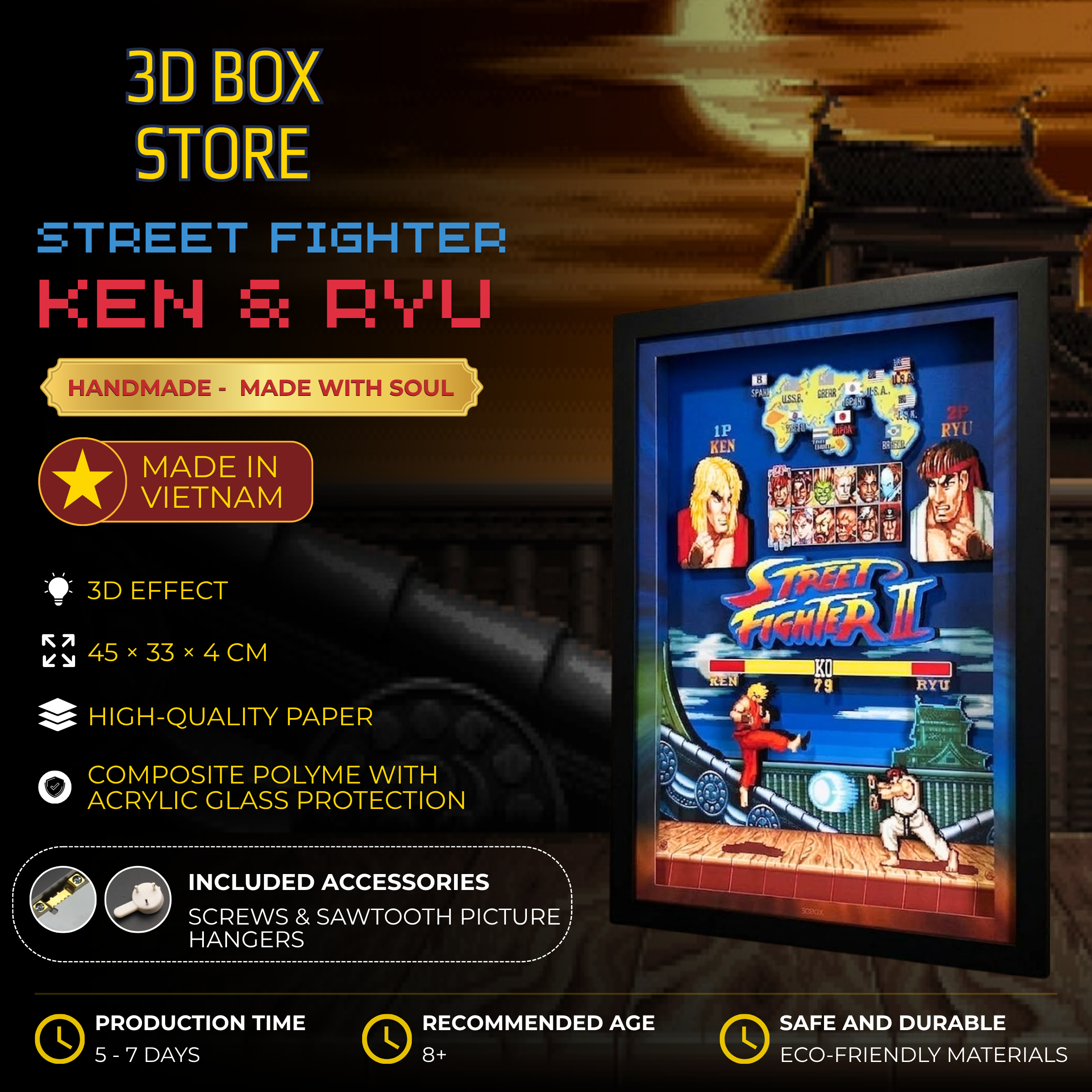 3D Shadow Box Game Street Fighter 2 45x33 Cm | Retro Shadow Box Art About Game | Shadow Box Game Decor | Gaming Shadow Box Art