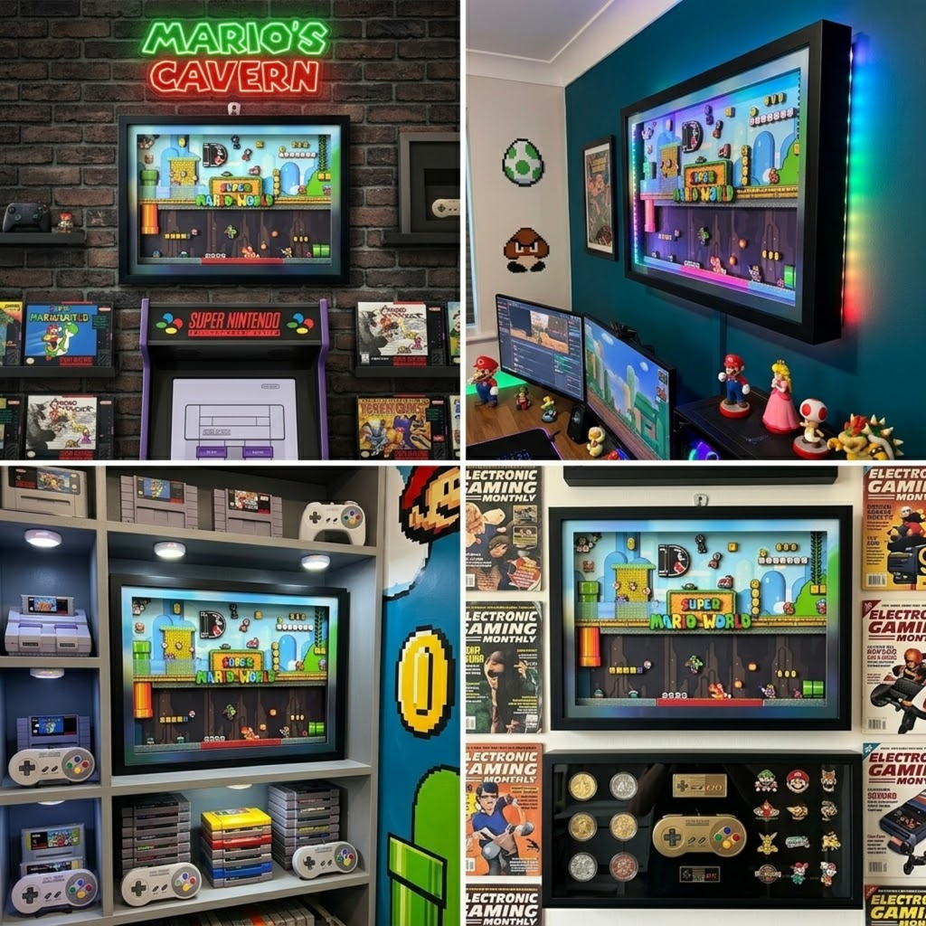3D Shadow Box Game Super Mario World 45x33 Cm | Retro Shadow Box Art About Game | Shadow Box Game Decor | Gaming Shadow Box Art