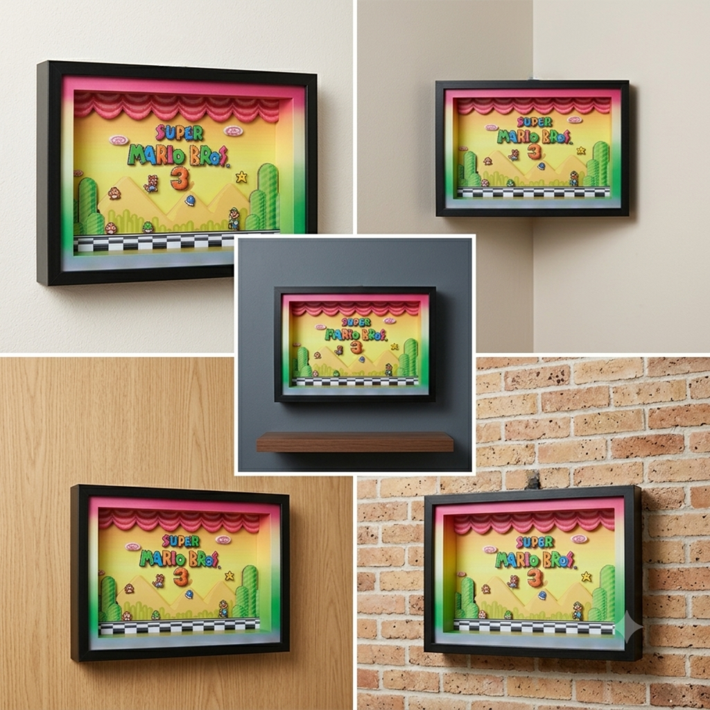 3D Shadow Box Game Super Mario Bros 45x33 Cm | Retro Shadow Box Art About Game | Shadow Box Game Decor | Gaming Shadow Box Art