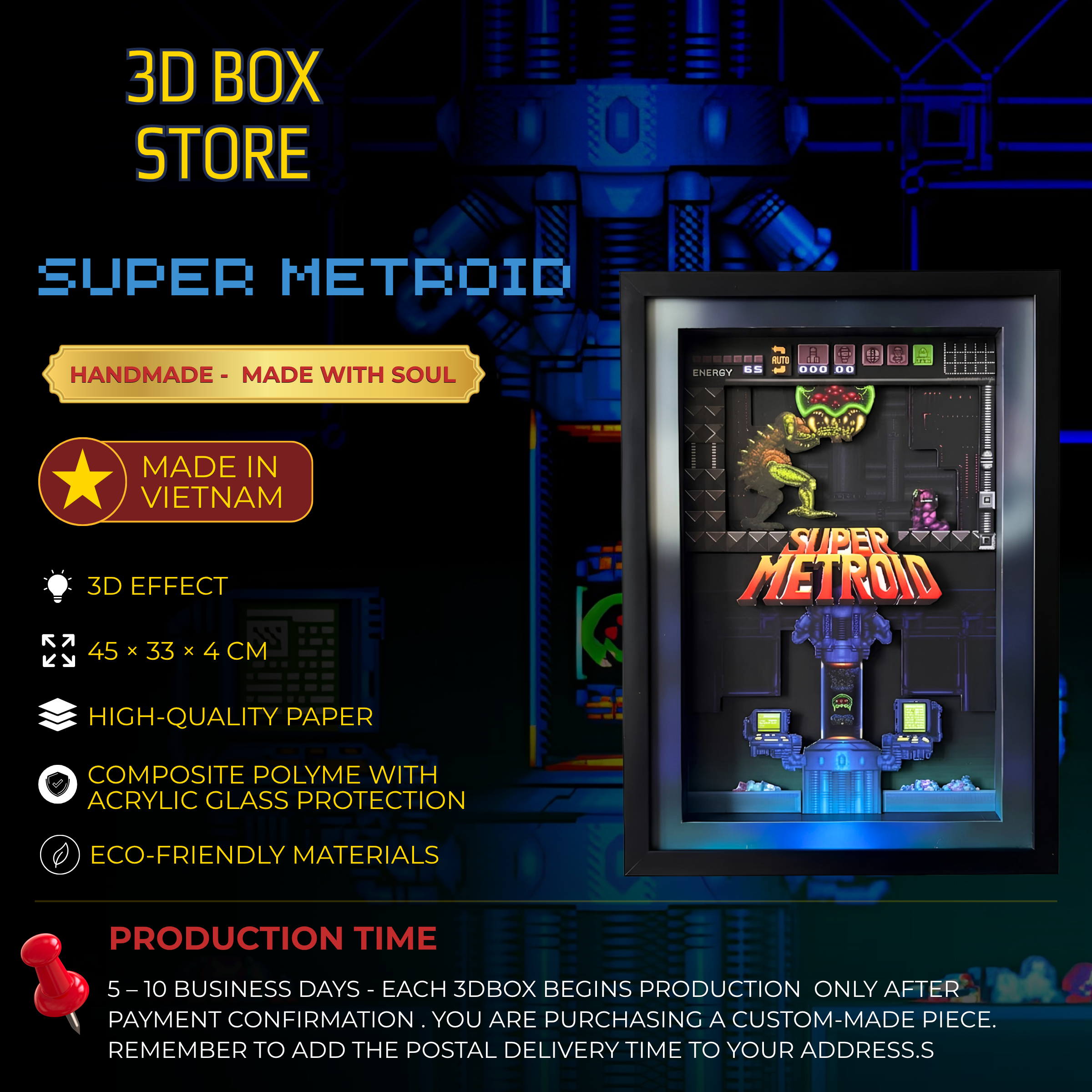 3D Shadow Box Game Super Metroid 45x33 Cm | Retro Shadow Box Art About Game | Shadow Box Game Decor | Gaming Shadow Box Art