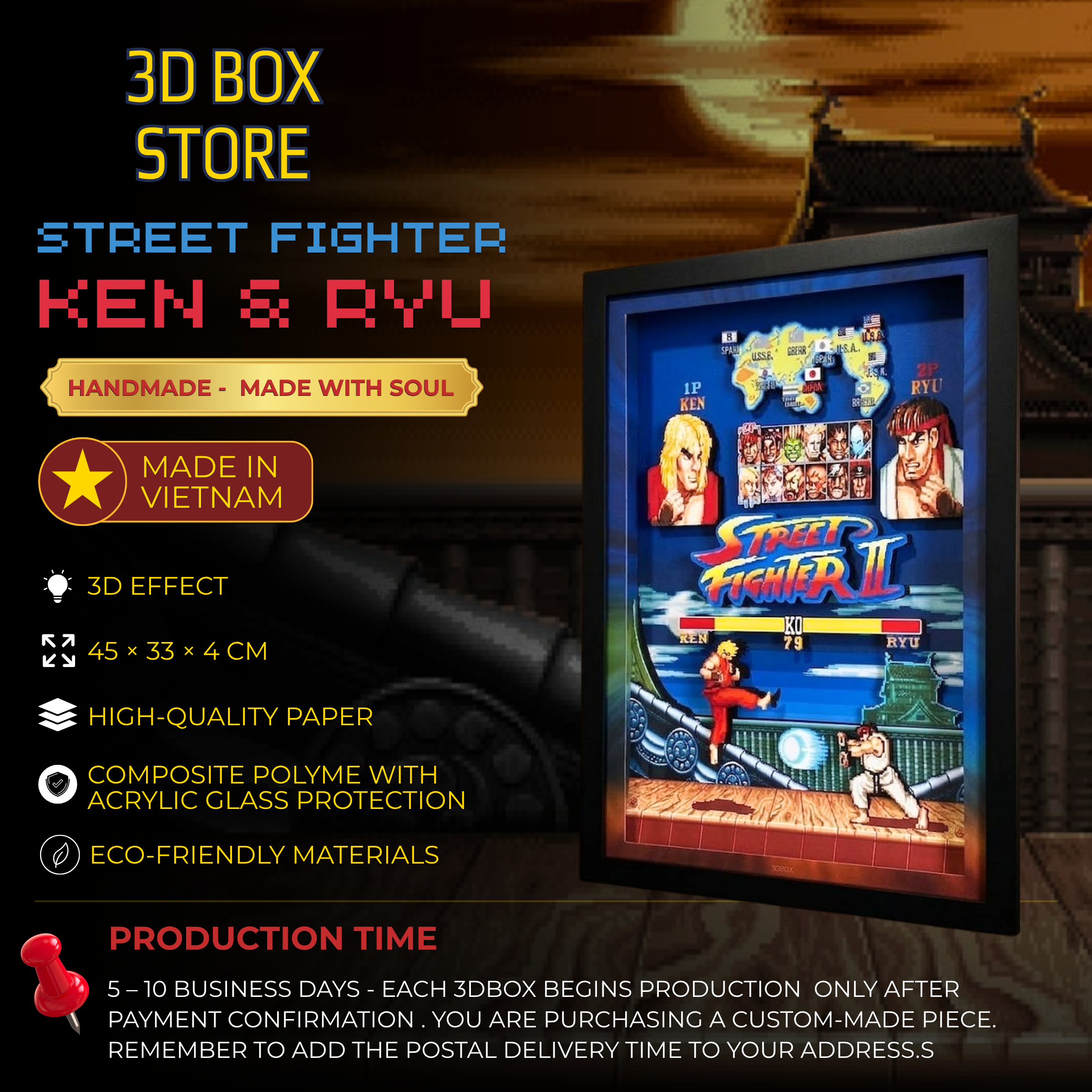 3D Shadow Box Game Street Fighter 2 45x33 Cm | Retro Shadow Box Art About Game | Shadow Box Game Decor | Gaming Shadow Box Art