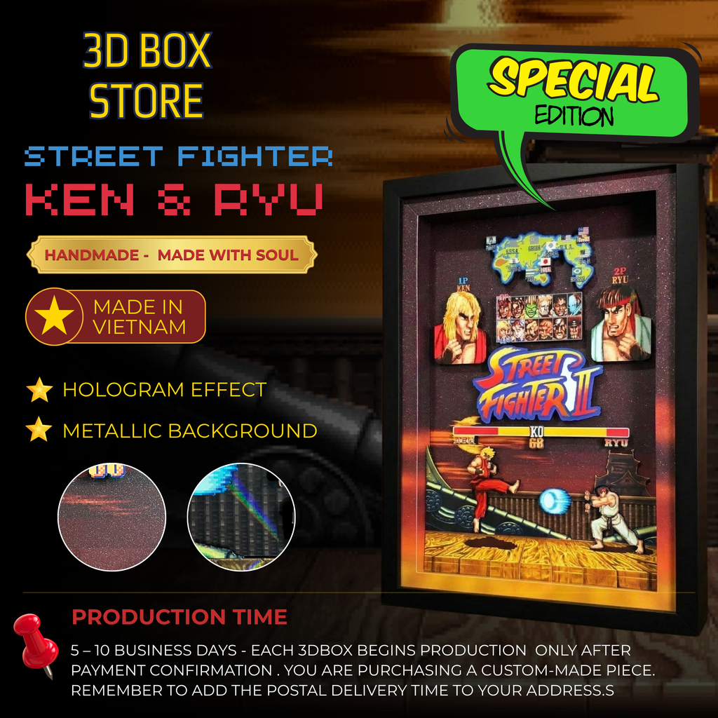 3D Shadow Box Game Street Fighter 2 45x33 Cm | Retro Shadow Box Art About Game | Shadow Box Game Decor | Gaming Shadow Box Art