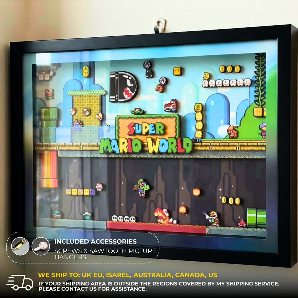 3D Shadow Box Game Super Mario World 45x33 Cm | Retro Shadow Box Art About Game | Shadow Box Game Decor | Gaming Shadow Box Art