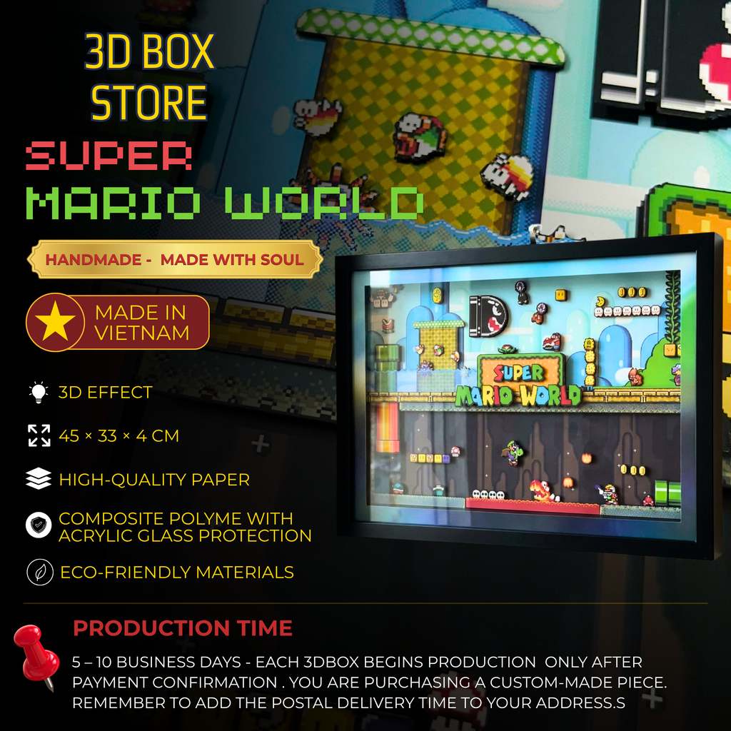 3D Shadow Box Game Super Mario World 45x33 Cm | Retro Shadow Box Art About Game | Shadow Box Game Decor | Gaming Shadow Box Art