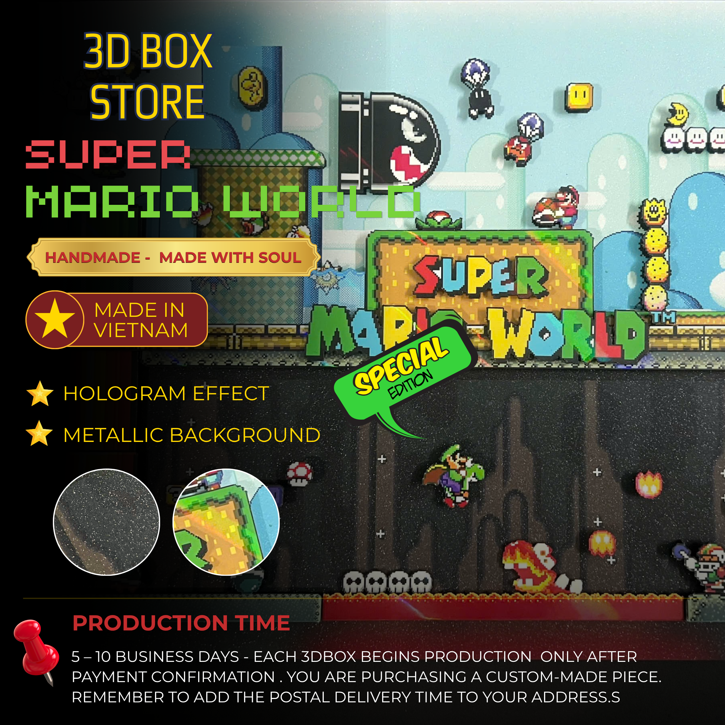 3D Shadow Box Game Super Mario World 45x33 Cm | Retro Shadow Box Art About Game | Shadow Box Game Decor | Gaming Shadow Box Art