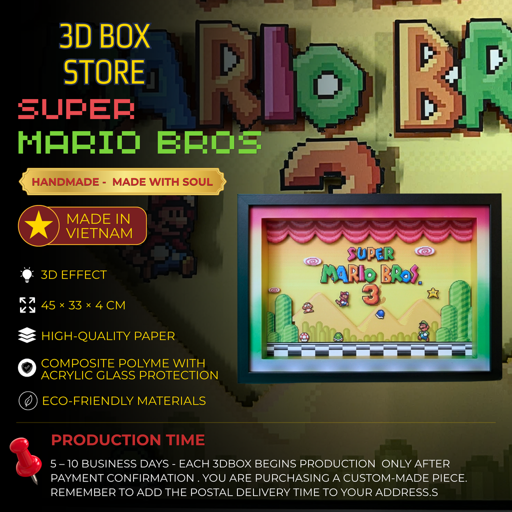 3D Shadow Box Game Super Mario Bros 45x33 Cm | Retro Shadow Box Art About Game | Shadow Box Game Decor | Gaming Shadow Box Art