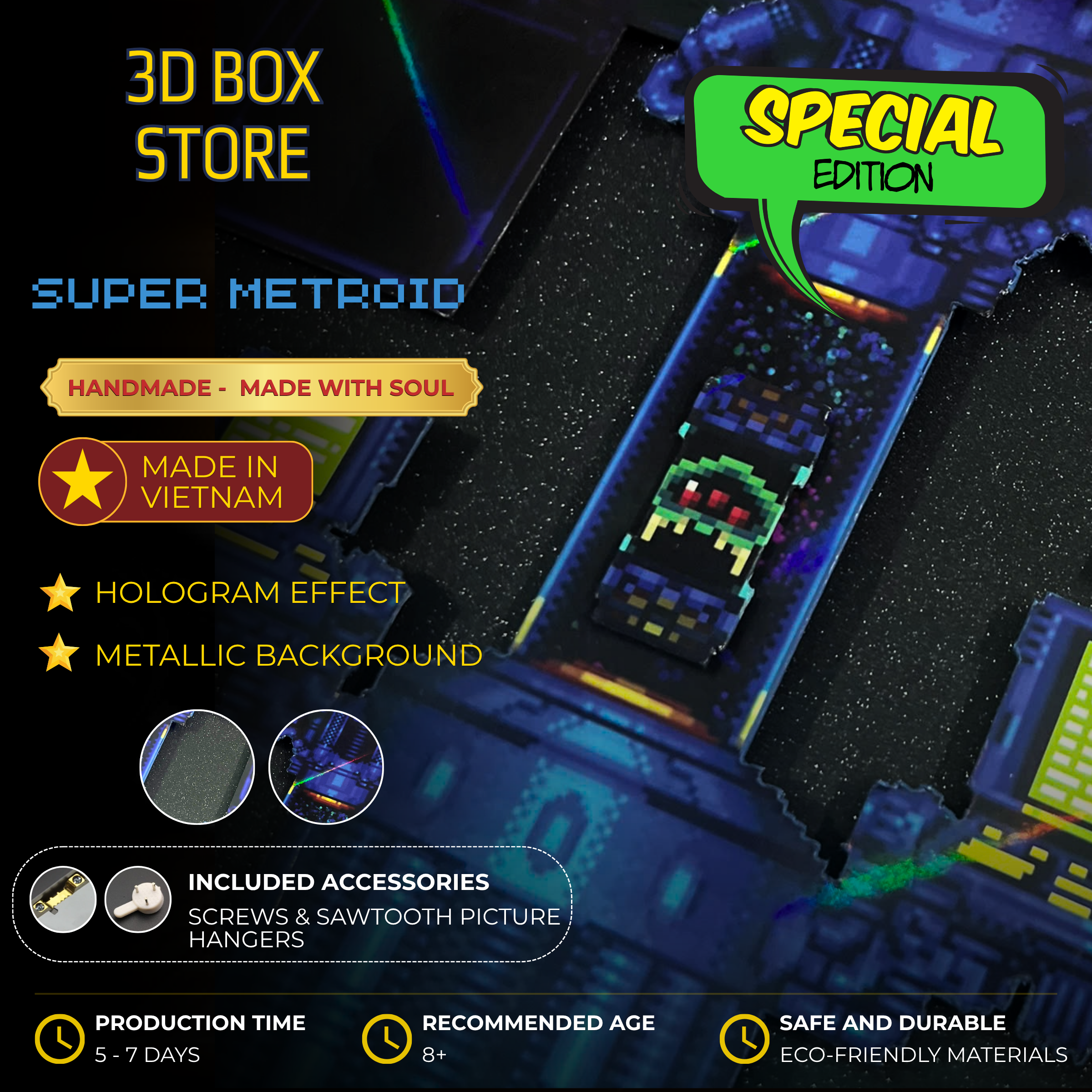 3D Shadow Box Game Super Metroid 45x33 Cm | Retro Shadow Box Art About Game | Shadow Box Game Decor | Gaming Shadow Box Art