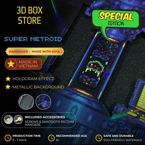 3D Shadow Box Game Super Metroid 45x33 Cm | Retro Shadow Box Art About Game | Shadow Box Game Decor | Gaming Shadow Box Art