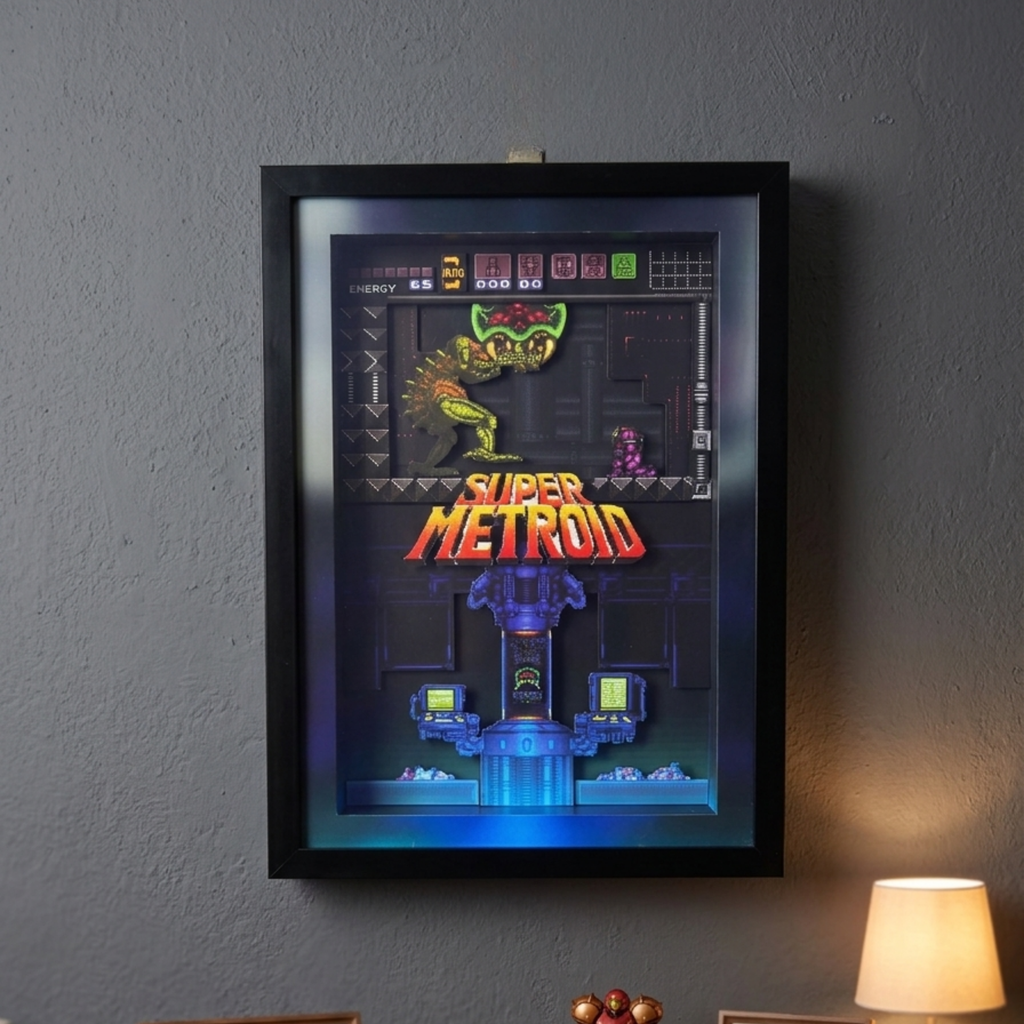 3D Shadow Box Game Super Metroid 45x33 Cm | Retro Shadow Box Art About Game | Shadow Box Game Decor | Gaming Shadow Box Art